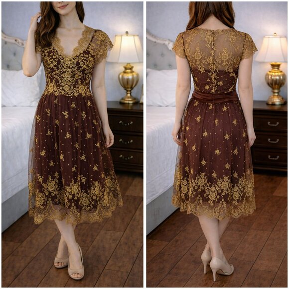Collette Dinnigan Gold Brown Lace Designer Dress $1500